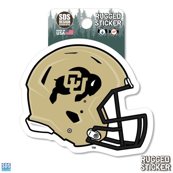 Rugged sticker of a gold football helmet with a CU Buffaloes logo on the side, shown in right profile view.